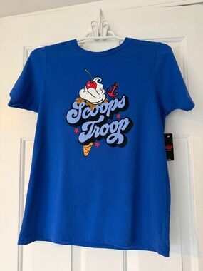 NWT Netflix Stranger Things Bright Blue Kids Short Sleeve Tee with Scoops Troop